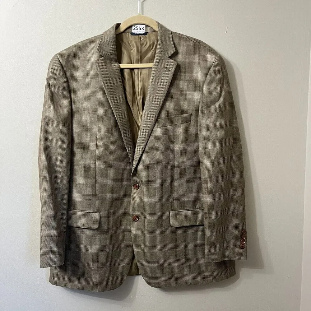 Ralph Lauren Men Brown Blazer 46R Tweed Plaid Wool Single Breast Silk Sport Coat